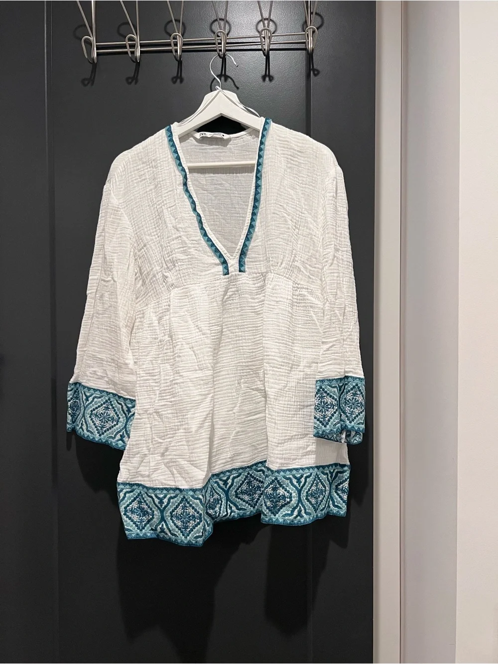 Zara White Tunic Swim Coverup with Teal Embroidered Trim